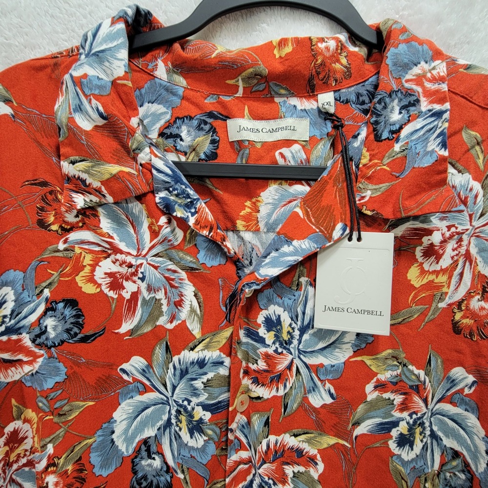 JAMES CAMPBELL Radiant Red‎ Floral Hawaiin Short Sleeve Button Up Men Shirt XXL